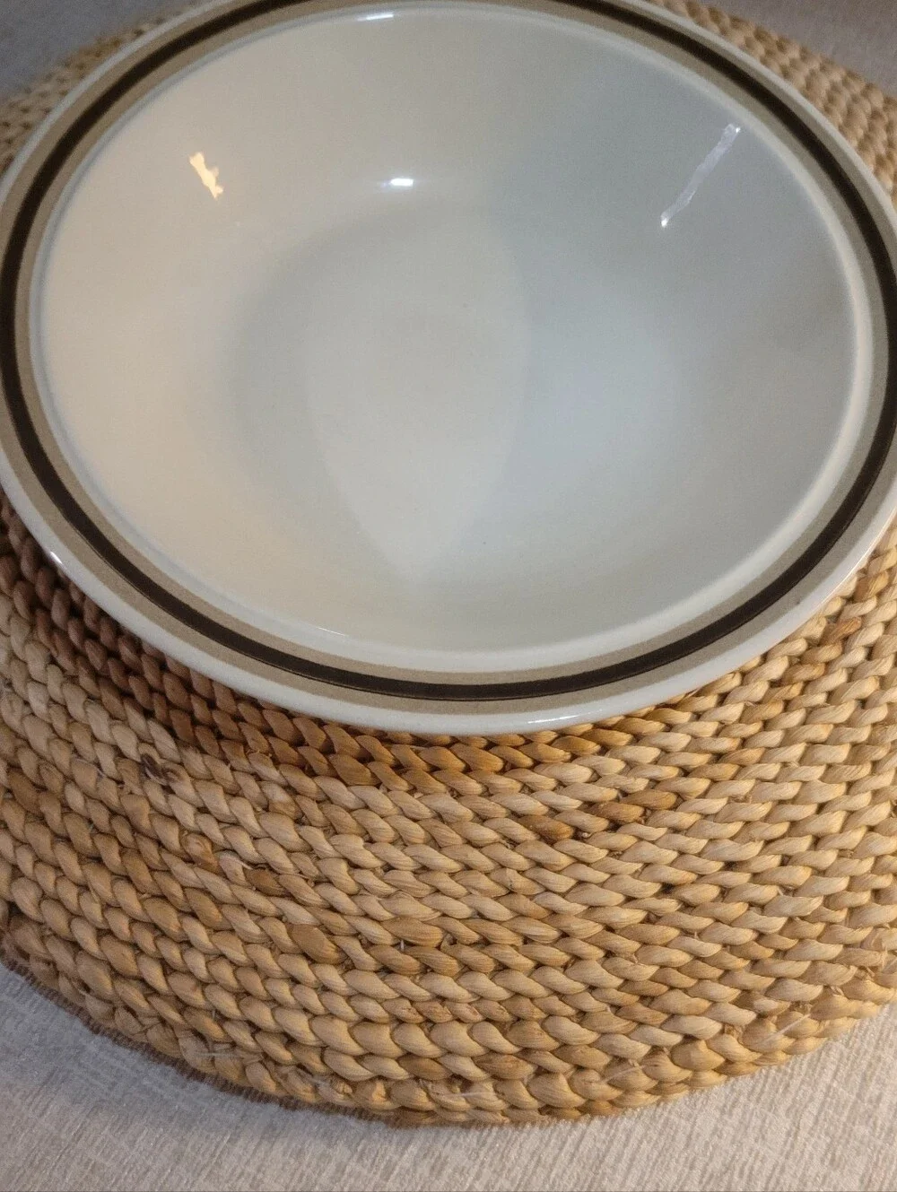 Classic White Stoneware Serving Bowl with Brown Rim. Vintage